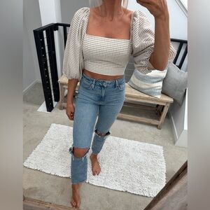 Lush tan & white plaid puff mid sleeve tie crop top summer vacation party NWT M